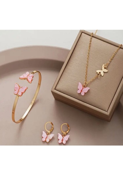 Pembe Kelebek Detaylı Takı Seti | Kolye Bileklik Küpe 3’lü Set | Zarif Altın Renk Aksesuar