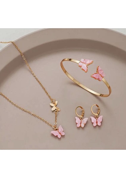 Pembe Kelebek Detaylı Takı Seti | Kolye Bileklik Küpe 3’lü Set | Zarif Altın Renk Aksesuar fiyatları