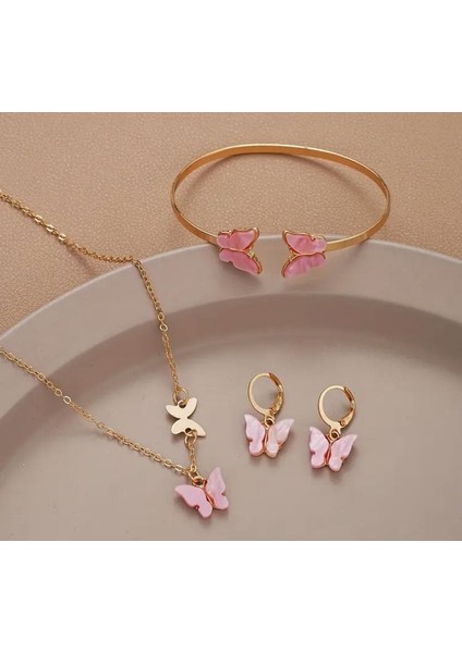 Pembe Kelebek Detaylı Takı Seti | Kolye Bileklik Küpe 3’lü Set | Zarif Altın Renk Aksesuar modelleri