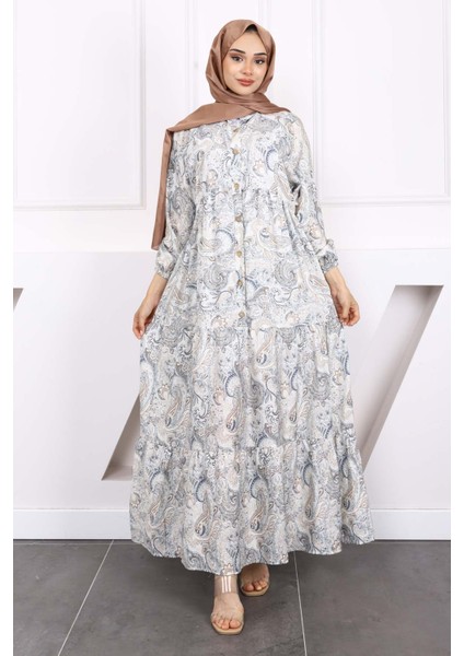 Krem Yarım Düğmeli Eteği Katlı Desenli Elbise