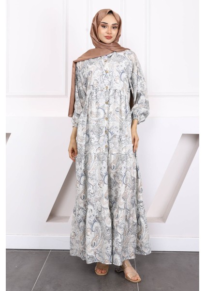 Krem Yarım Düğmeli Eteği Katlı Desenli Elbise fiyatları