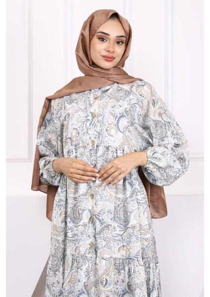 Krem Yarım Düğmeli Eteği Katlı Desenli Elbise modelleri