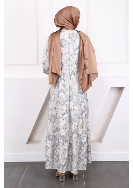 Krem Yarım Düğmeli Eteği Katlı Desenli Elbise fırsatları