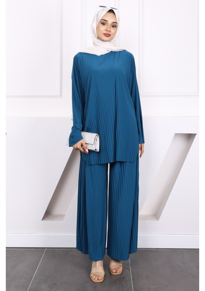 Petrol Yeşili Piliseli Sandy Tunik Pantolon Takım