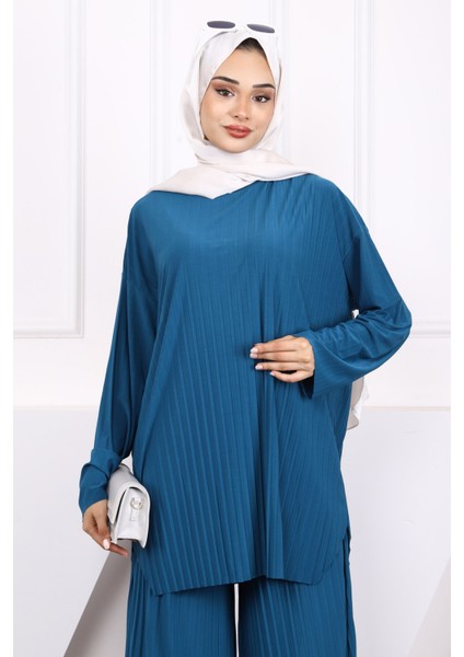 Petrol Yeşili Piliseli Sandy Tunik Pantolon Takım modelleri