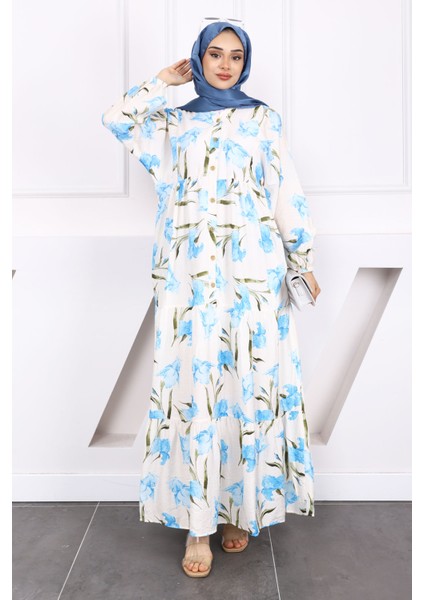 Mavi Yarım Düğmeli Eteği Katlı Desenli Elbise