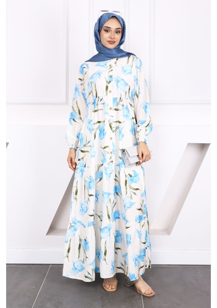 Mavi Yarım Düğmeli Eteği Katlı Desenli Elbise fiyatları