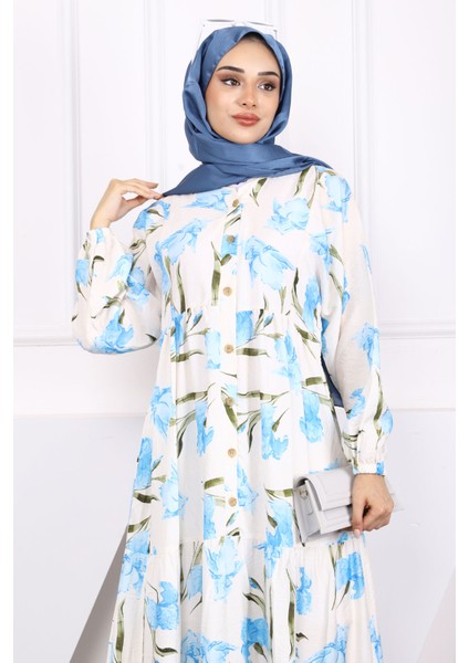 Mavi Yarım Düğmeli Eteği Katlı Desenli Elbise modelleri