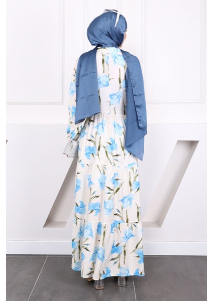 Mavi Yarım Düğmeli Eteği Katlı Desenli Elbise fırsatları