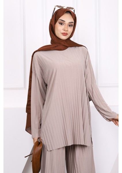 Açık Vizon Piliseli Sandy Tunik Pantolon Takım modelleri