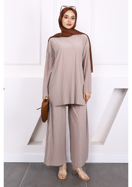 Açık Vizon Piliseli Sandy Tunik Pantolon Takım