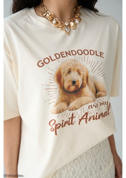 Köpek Grafik Baskılı Oversize T-Shirt Krem