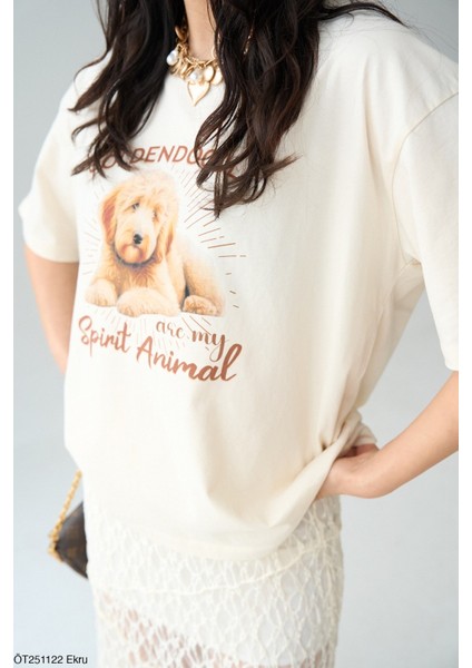 Köpek Grafik Baskılı Oversize T-Shirt Krem modelleri
