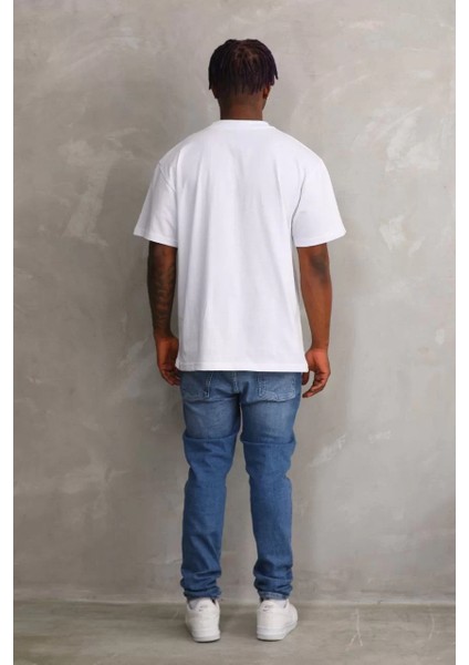 Unisex Kuşgözü Detaylı Baskılı Oversize T-Shirt - Beyaz modelleri