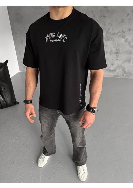 Unisex Baskılı Oversize T-Shirt - Siyah fiyatları
