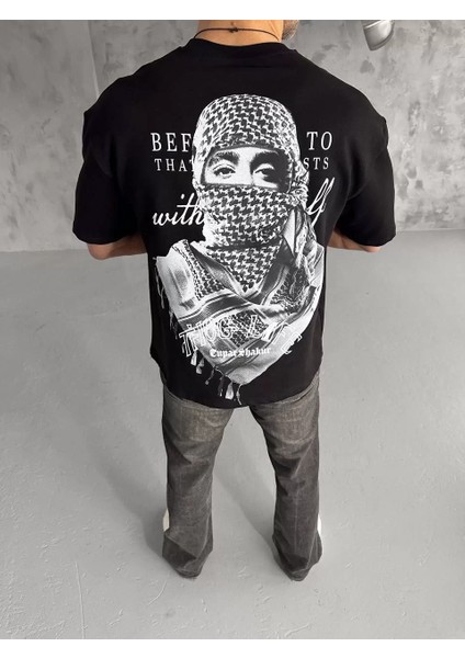 Unisex Baskılı Oversize T-Shirt - Siyah fırsatları