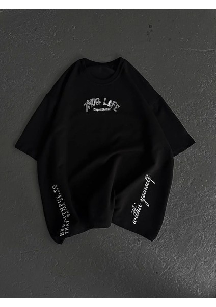 Unisex Baskılı Oversize T-Shirt - Siyah indirimleri