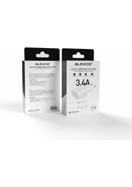 3.4A Hızlı Şarj Seti | Type-C Kablo + USB Adaptör | Android Uyumlu | 1 Metre