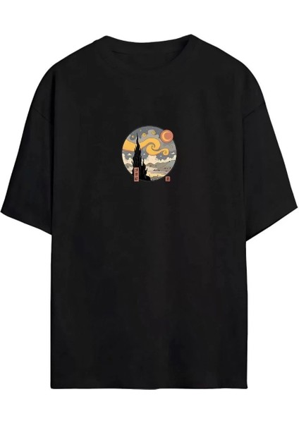 Unisex Baskılı Oversize T-Shirt - Siyah
