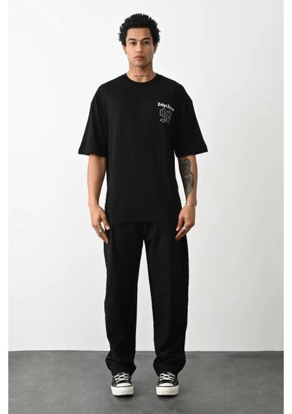 Unisex Baskılı Oversize T-Shirt - Siyah indirimleri