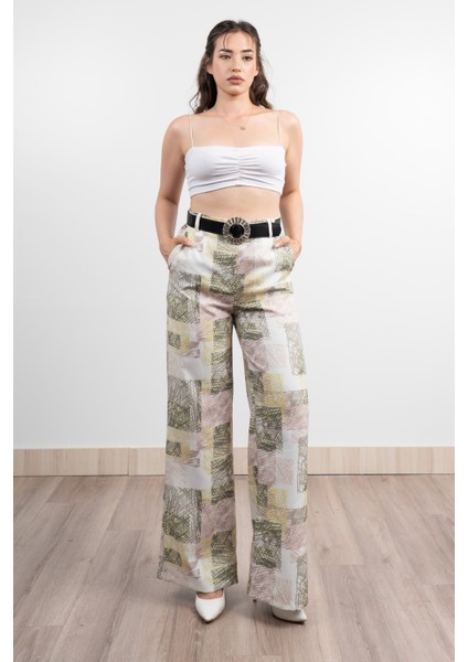 Renkli Bol Paça Kemerli ve Cepli Kumaş Pantolon 30031