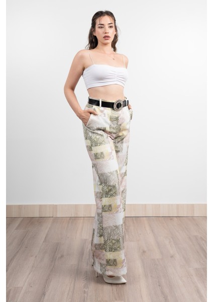 Renkli Bol Paça Kemerli ve Cepli Kumaş Pantolon 30031 modelleri