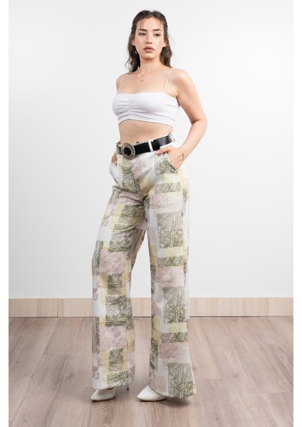 Renkli Bol Paça Kemerli ve Cepli Kumaş Pantolon 30031 indirimleri