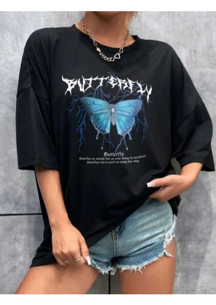 Unisex Baskılı Oversize T-Shirt - Siyah indirimleri