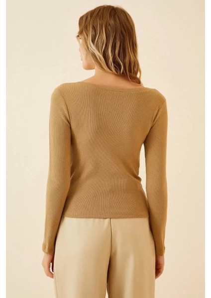 Kadın Fitilli Likralı Body Crop - Camel indirimleri
