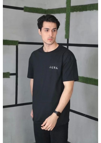 Unisex Bisiklet Yaka Baskılı Oversize T-Shirt - Siyah fiyatları