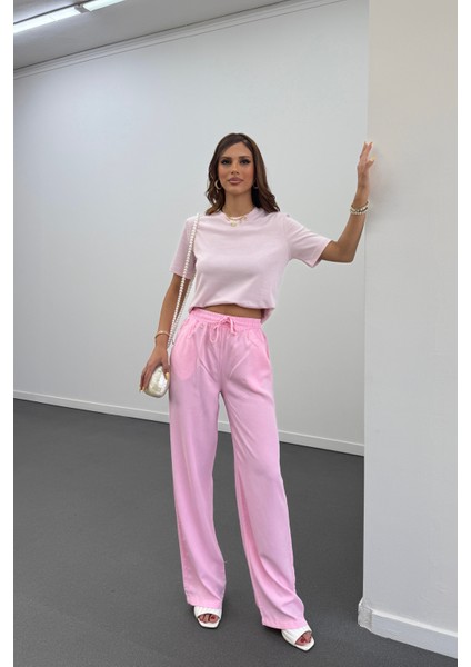 Sonya Pembe Beli Lastikli Salaş Pantolon