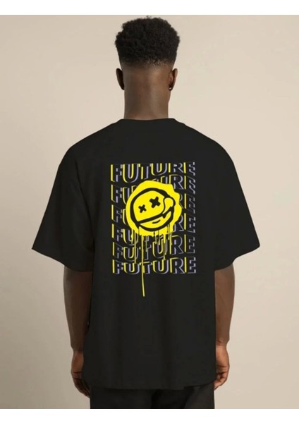 Unisex Bisiklet Yaka Baskılı Oversize T-Shirt - Siyah fırsatları