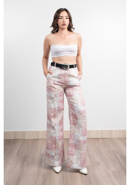 Renkli Bol Paça Kemerli ve Cepli Kumaş Pantolon 30031