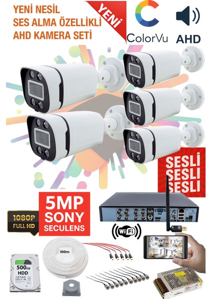 5 Kameralı Sesli Güvenlik Kamerası Seti - Gece Renkli 5mp Sony Seculens, 1080P Full Hd Ahd, 4 Warm Led, Colorvu - Plastik Kasa