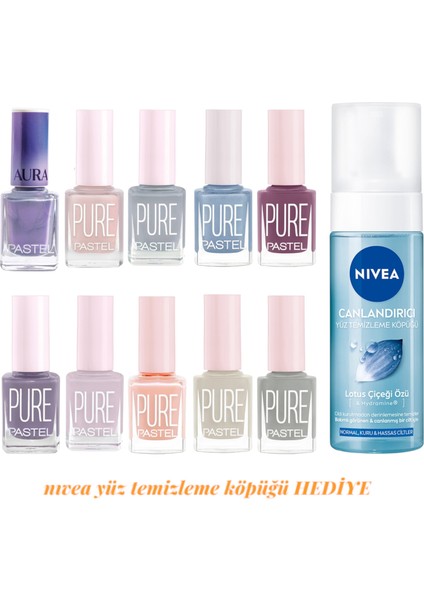 Aura-Pure Oje Seti 10LU 449-602-603-606-609-612-613-617-620-621 + Nıvea Canlandırıcı Köpük Hediye
