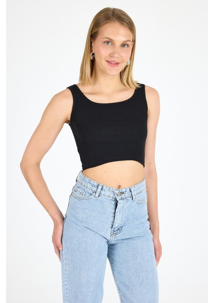 Kadın Pamuklu Kaşkorse Bisiklet Yaka Kalın Askılı Crop Siyah