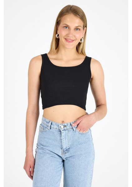 Kadın Pamuklu Kaşkorse Bisiklet Yaka Kalın Askılı Crop Siyah fiyatları