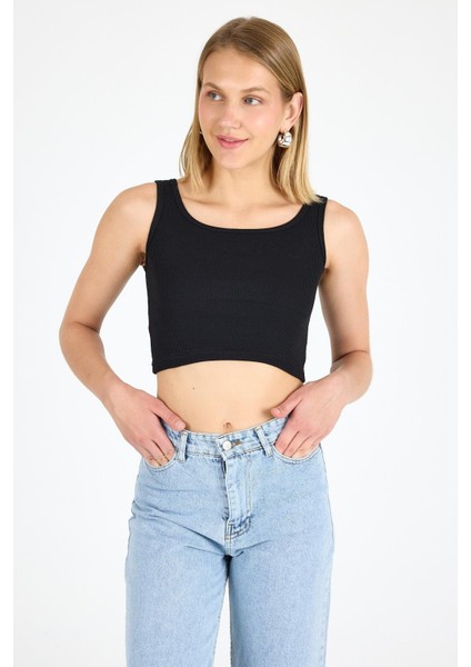 Kadın Pamuklu Kaşkorse Bisiklet Yaka Kalın Askılı Crop Siyah modelleri