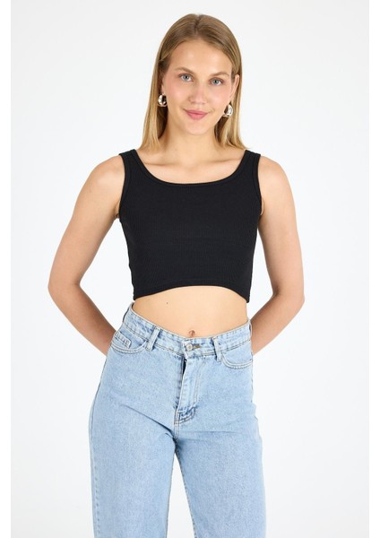 Kadın Pamuklu Kaşkorse Bisiklet Yaka Kalın Askılı Crop Siyah fırsatları