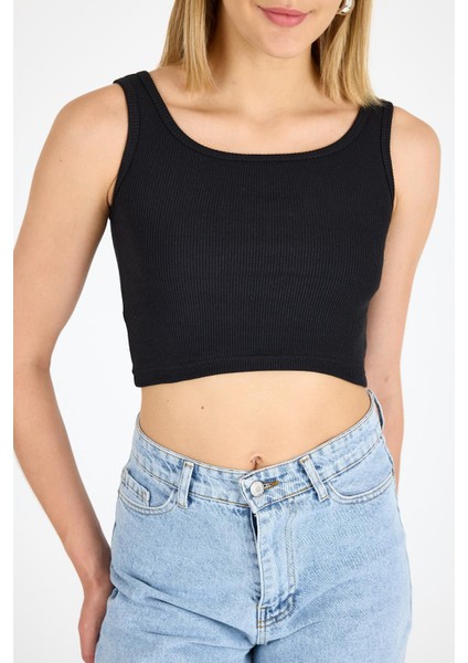 Kadın Pamuklu Kaşkorse Bisiklet Yaka Kalın Askılı Crop Siyah indirimleri