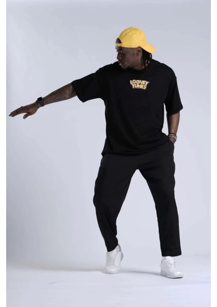 Unisex Bisiklet Yaka Baskılı Oversize T-Shirt - Siyah