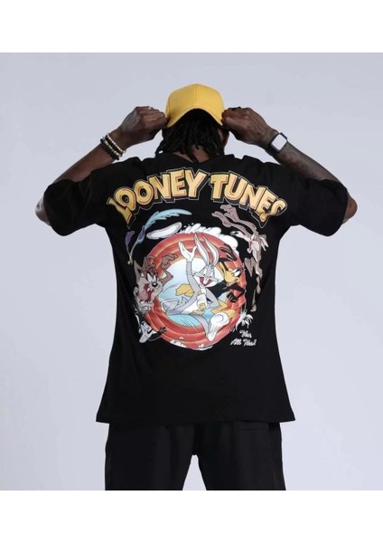 Unisex Bisiklet Yaka Baskılı Oversize T-Shirt - Siyah modelleri