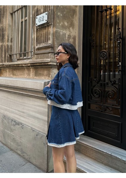 Çift Kat Paça Detaylı Kısa Ceketli Plili Denim Mini Etek Takım fiyatları