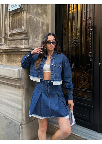 Çift Kat Paça Detaylı Kısa Ceketli Plili Denim Mini Etek Takım modelleri