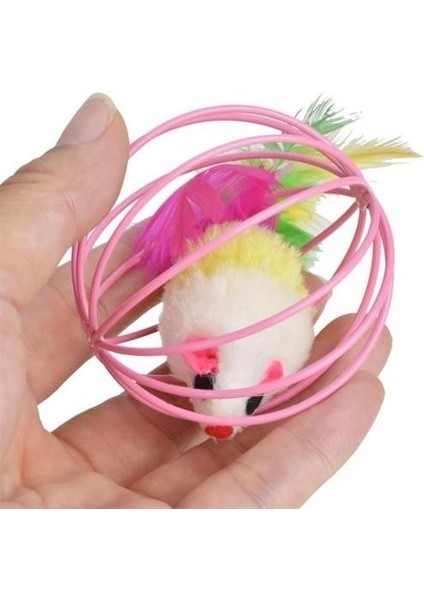 Renkli Metal Kafesli Peluş Fareli Kedi Köpek Oyuncağı Oyun Topu 6 C