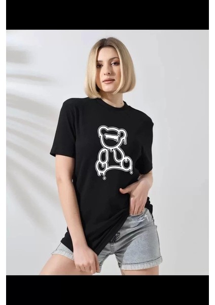 Unisex Kadın Bisiklet Yaka Baskılı T-Shirt - Siyah