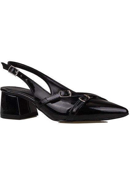 Siyah Rugan Çift Toka Arkası Açık Kadın Klasik Ayakkabı