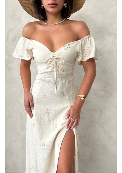 Kolu Fırfırlı Nakışlı Midi Elbise