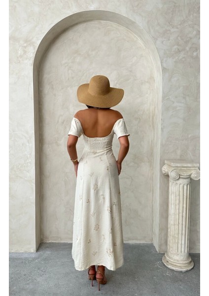 Kolu Fırfırlı Nakışlı Midi Elbise fiyatları