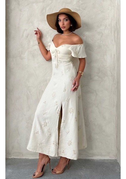 Kolu Fırfırlı Nakışlı Midi Elbise modelleri